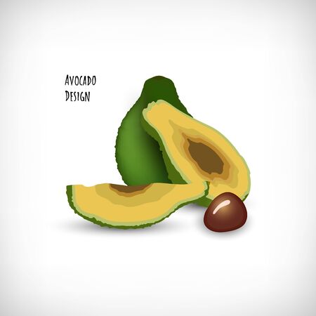 Exotic fruit on vignette background. Slice and half of Avocado, whole fruit of Avocado, Avocado seed. Lettering Avocado Design. Elements for cooking theme design. Vector illustration of healthy food.のイラスト素材