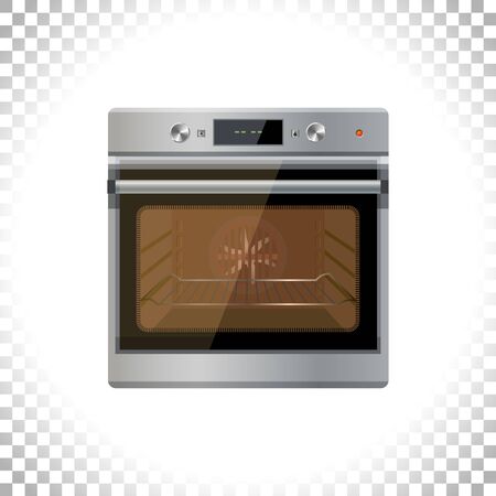 Modern multi function oven with digital display, touch menu, timer, close door and light on. Front view. Kitchen electrical oven with transparent black glass window. Vector illustration.のイラスト素材