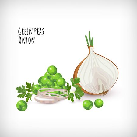 Half onion, green peas, onion rings and parsley leaf on white background in flat style. Vegetable organic eco bio farm products. Lettering Green Peas, Onion. Hand drawn image. Vector illustration.のイラスト素材