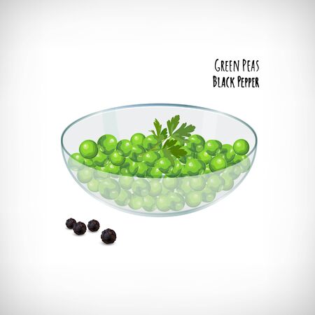 Green peas, parsley leaf in the transparent glass bowl, whole black pepper in flat style. Vector hand drawn vegetable organic products. Lettering Green Peas, Black Pepper. Vector illustration.のイラスト素材