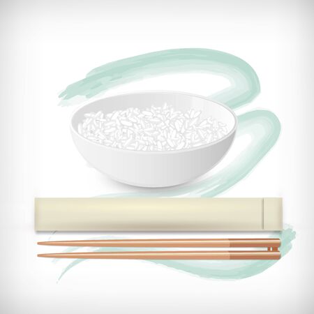 Ceramic bowl with white rice, wooden food chopsticks. Japanese sushi ingredient and chopsticks. Chinese, Asian Food. Lunch utensil vector Illustration.のイラスト素材