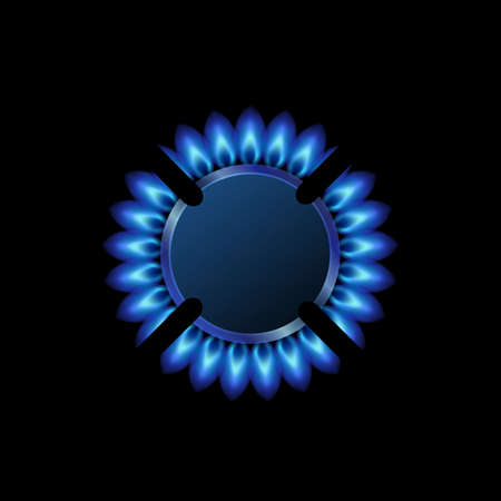 Modern gas burner with blue flame, black steel grate. Top view kitchen gas burner ring. Realistic burner propane butane oven element for web interior design isolated on black background.の写真素材