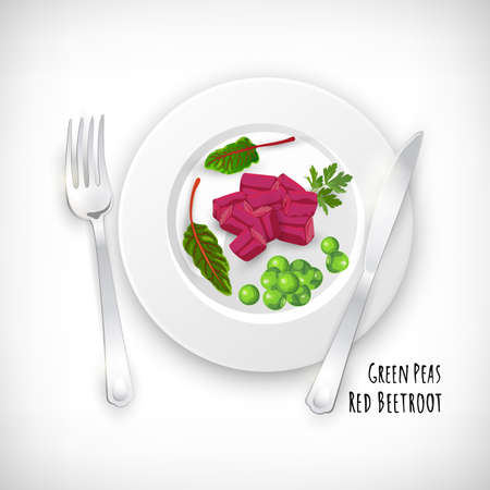 Chopped beetroot and green peas with parsley. Fork, knife on white plate in flat style. Vegetable organic bio farm product. Lettering Red Beetroot, Green Peas. Hand drawn image. Vector illustration.の写真素材