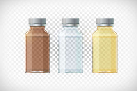 Vector set of transparent empty medical bottles. Brown, white, yellow glass containers for powder, pils, medicine, drink, juice. Realistic effect. Glass bottle mock up on transparent background.の写真素材