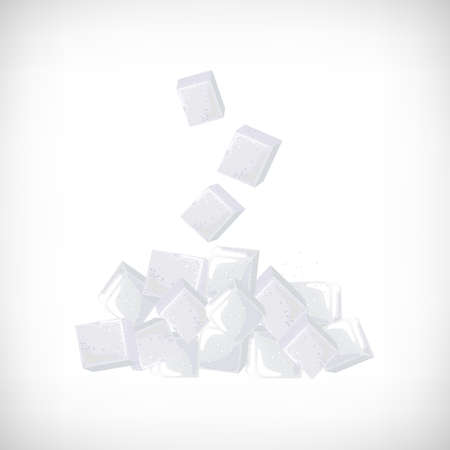 Ice cubes fall down. 3d irregular blocks of ice, salt, sugar falling on vignette background. Elements for web designs. Vector illustration.のイラスト素材