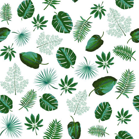 Seamless pattern with green tropical exotic leaves on white background. Vector Illustration for fabric, wallpaper. wrapping paper, print, web designs.の写真素材