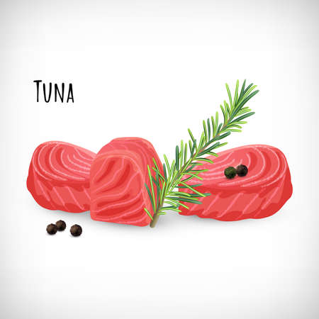 Tuna meat cubes in flat style, rosemary twig, black peppercorns. Organic eco fish product. Lettering Tuna. Hand drawn elements for culinary designs. Vector illustration on white background.のイラスト素材