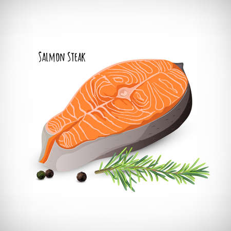 Salmon steak in flat style, rosemary twig, black peppercorns. Organic eco fish product. Lettering Salmon Steak. Elements for culinary designs. Vector illustration on white background.のイラスト素材