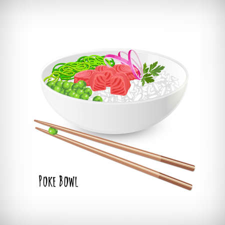 White round poke bowl with tuna fish cubes, rice, onion rings, green peas, seaweed, parsley, wooden food chopsticks on white background. Trend Hawaiian food. Lettering Poke Bowl. Vector illustration.のイラスト素材