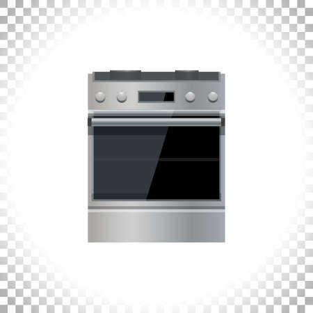 Kitchen stove icon. Modern cooker with oven. Home appliance concept. Front view. Metal and black glass. Silver stove isolated on transparent background. Vector illustration.のイラスト素材