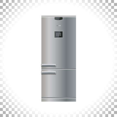Modern Fridge Freezer refrigerator icon. Silver color. Front view. Metal and black plastic materials. Digital display and keypad panel. Household tech and appliances. Vector illustration.のイラスト素材