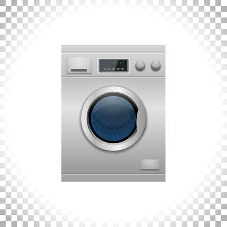 Vector illustration. Smart washing-machine with front-loading clothes isolated on transparent background. Home appliance concept. Front view. Digital display. Silver color.のイラスト素材