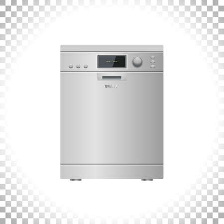 Smart dishwashing machine isolated on transparent background. Smart home appliance concept. Front view. Digital display. Silver color. Element for interior designs. Vector illustration.のイラスト素材
