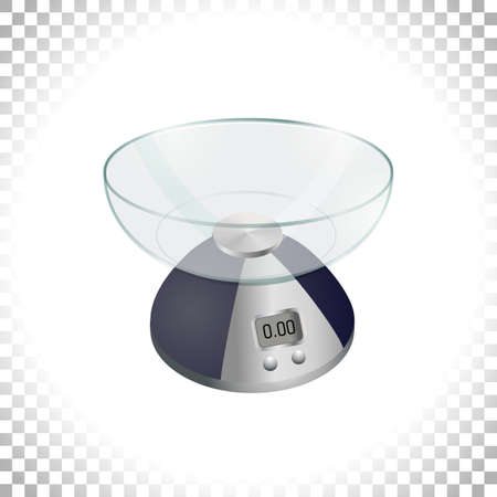 3d silver weight scale on transparent background. Digital weighing scales for weight measurement. Kitchen utensil or measuring instrument. Element for interior design. Vector illustration.のイラスト素材