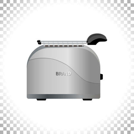 Silver metal glossy toaster on transparent background. Front view. Kitchen utensil and electrical household appliance. Element for interior designs. Vector illustration.のイラスト素材