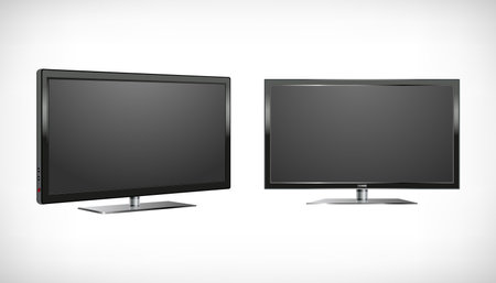 Home electrical appliances set. Realistic Led TV image. LCD wide screen on vignette background. Black monitor icon. Front view. Angle view. Elements for interior designs. Vector illustration.のイラスト素材