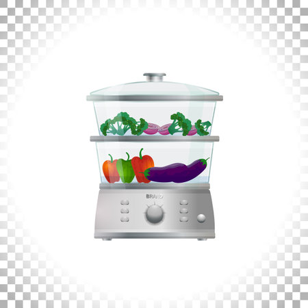 Electric food steamer or double boiler with vegetables. Front view. Household appliance. Kitchen steam cooker on transparent background. Element for interior designs. Vector illustration.のイラスト素材