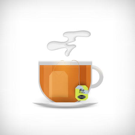 Tea cup icon. Transparent cup of tea. Tea bag and label with sign Bio Product. Vignette background. Flat style. Element for web design. Vector illustration.のイラスト素材