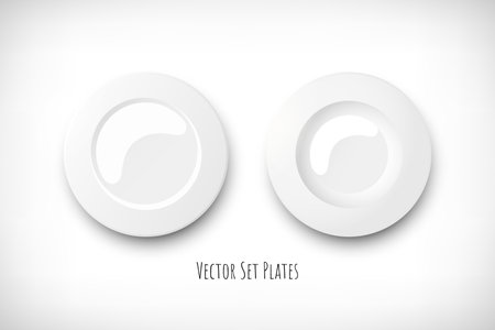 Set of two white empty round plates. Top view soup plate and classic plate. Vignette background. Elements for web designs. Vector illustration.のイラスト素材