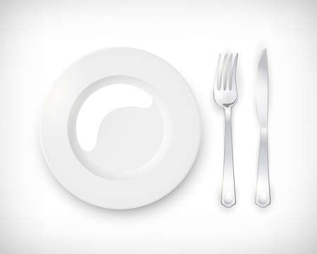 Top view white empty round plate with cutlery set of silver fork and knife. Table setting isolated on vignette background. Elements for web design. Vector illustration.のイラスト素材