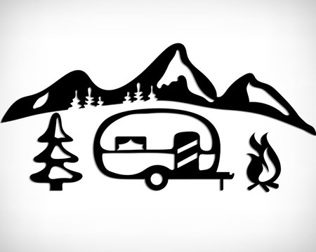Camper nature silhouette. Mobile recreation. Camper sign with a tree and bonfire with mountain background. Sketch style vector illustration. Camping concept design.のイラスト素材
