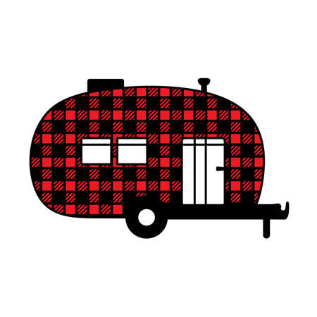 Buffalo plaid camper silhouette. Mobile recreation. Camper sign with buffalo plaid texture.Camping concept laser cutting design. Vector illustration.のイラスト素材