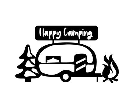 Camper silhouette. Mobile recreation. Camper sign, tree, bonfire, nature. Sketch style vector illustration. Camping laser cutting design.のイラスト素材