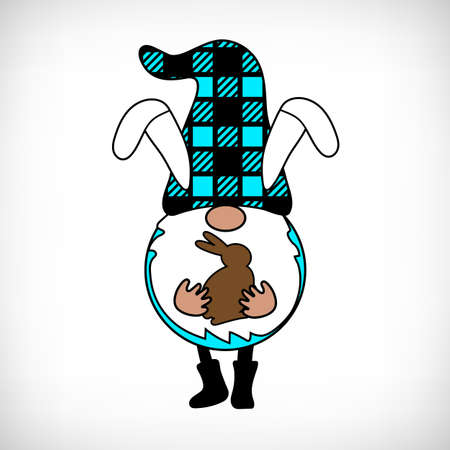Buffalo Plaid Gnome with bunny ears and chocolate rabbit. Scandinavian Nordic Gnome with buffalo plaid hat. Cute Easter gnomes in checkered texture costume. Dwarf for greeting card, t shirt print.のイラスト素材