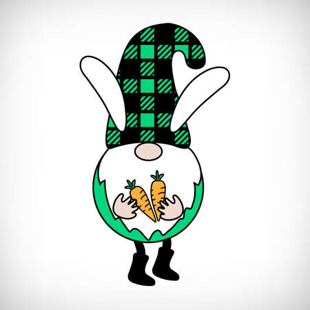 Buffalo Plaid Gnome on white background. Scandinavian Nordic Gnome with buffalo plaid hat. Cute gnomes in checkered texture costume. Funny vector dwarf for greeting card, t shirt print, web design.のイラスト素材