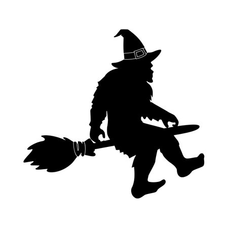 Halloween Yeti with hat. Big Foot flying on broom. Halloween party template for home decoration, laser cut, crafting. Vector illustrationのイラスト素材