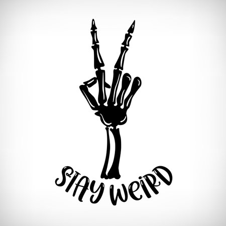 Skeleton hand with Halloween quote Stay Weird. Peace hand sign. Halloween party template for home decoration, laser cut, crafting. Vector illustrationのイラスト素材