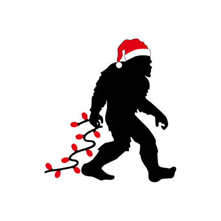 Yeti silhouette with Christmas Tree Lights. Big Foot Santa. Winter holidays party template for home decoration, laser cut, crafting. Vector illustrationのイラスト素材