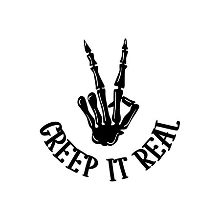 Skeleton hand with Halloween quote Creep it Real. Peace hand sign. Halloween party template for home decoration, laser cut, crafting. Vector illustrationのイラスト素材