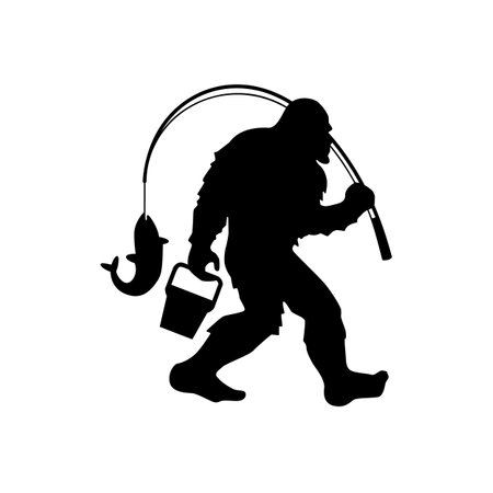 Bigfoot fishing design. Yeti silhouette. Bigfoot hobbies template for home decoration, laser cut, crafting, t shirt print. Vector illustration.のイラスト素材