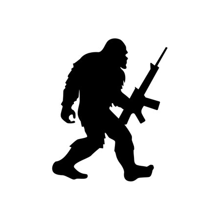 Bigfoot hunter design. Yeti silhouette with rifle. Bigfoot hobbies template for home decoration, laser cut, crafting, t shirt print. Vector illustration.のイラスト素材