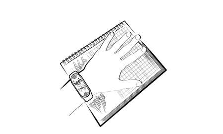 hand with a fitness watch lying on a notebookのイラスト素材