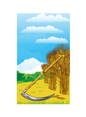 field with sheaves of pawn and scytheのイラスト素材