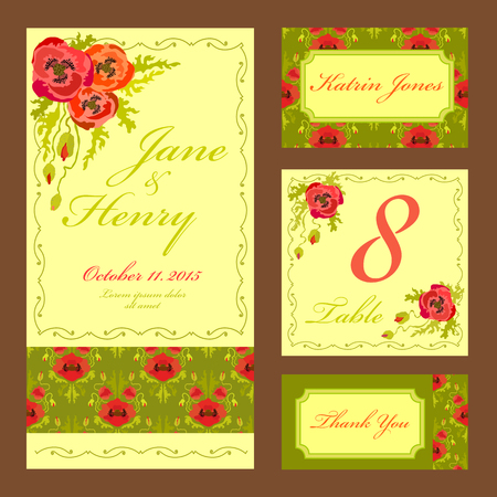 Set printable backgrounds to celebrate the wedding. Invitation card, table number, guest card. Vector illustration. Red poppy flowers and green leaves on light yellow background.のイラスト素材
