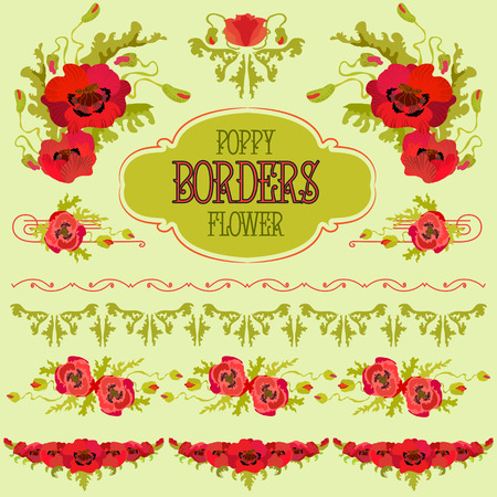 Poppy flower border elements set. Bouquets and garlands and text label template. Hand drawn vector lineのイラスト素材