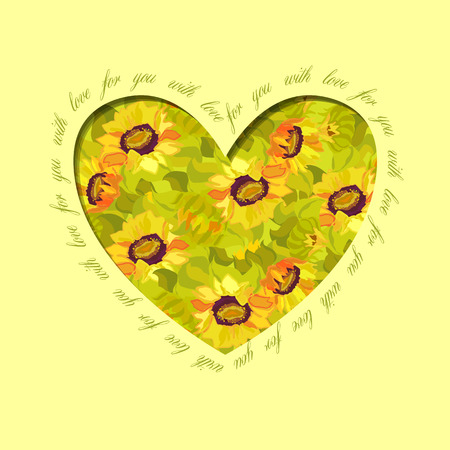 Sunflower heart design with text - for you with love. Floral love card.のイラスト素材