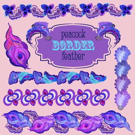 Violet painted peacock feathers border elements set. Retro vintage text label template. Hand drawn vector line.のイラスト素材