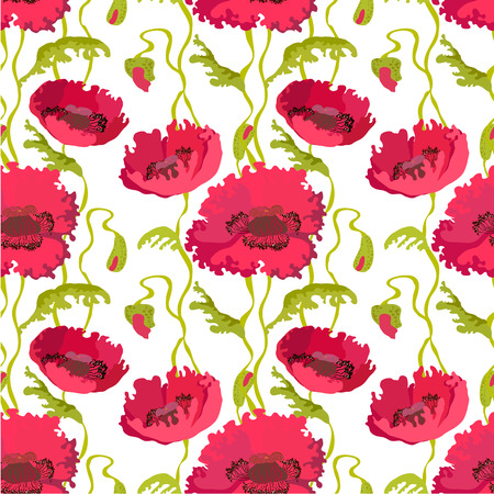 Poppy flowers, stems, leaves and buds isolated on white background. Vintage seamless pattern. Vector illustrationのイラスト素材