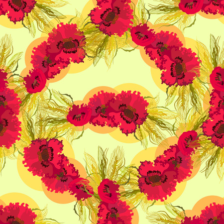Poppies and wheat on light yellow background. Vintage seamless pattern. Vector illustration.のイラスト素材