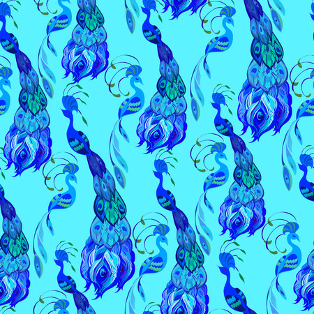 Peacock birds. Beautiful seamless blue pattern background. Vector illustration.のイラスト素材