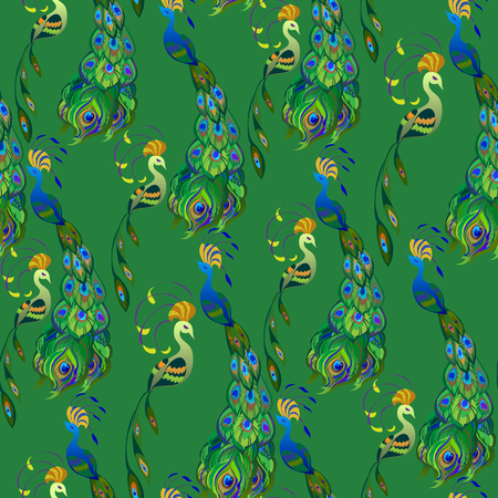 Beautiful seamless peacock pattern background. Peacocks on green backgroundのイラスト素材