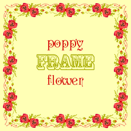 Frame with red poppy flowers and leaves isolated. Floral decor background. Greeting card. Vector illustration.のイラスト素材