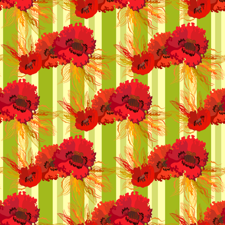 Garland of poppies and wheat on light yellow striped background. Vintage seamless pattern. Vector illustration.のイラスト素材