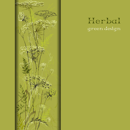Green border hand drawn sketch herbs. Vertical design background. Text place. Vector illustration.のイラスト素材