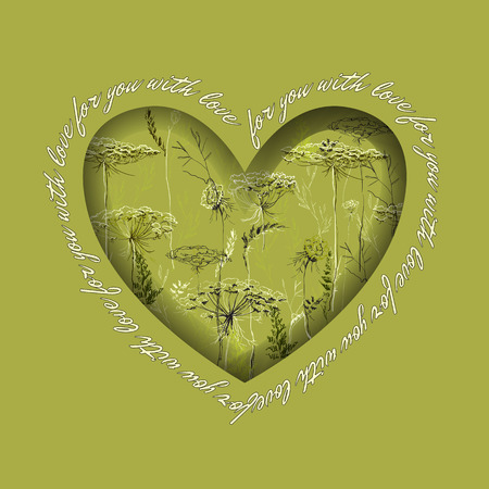 heart design with hand drawn green herbs and text - for you with love. Love card. Vector illustration.のイラスト素材
