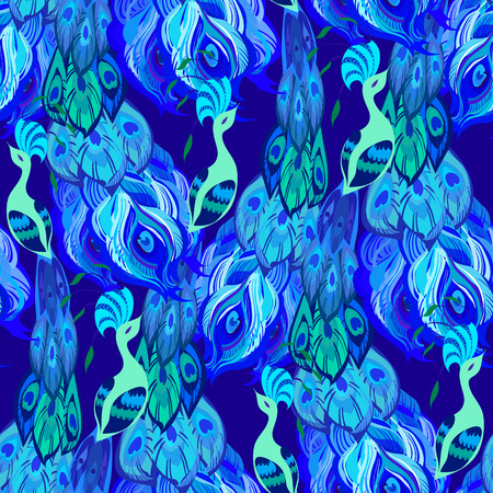 Peacock birds. Beautiful seamless deep blue pattern background. Vector illustration.のイラスト素材